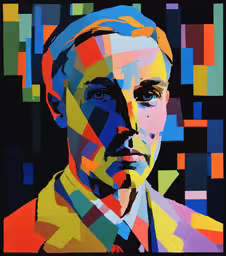 the portrait of a man with geometric lines,a man that has been colored with lines