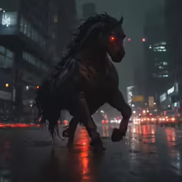 a horse with red eyes running across a street