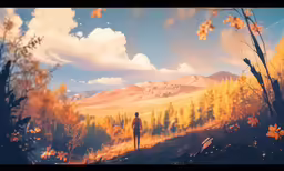a painting of a person standing on a field with mountains in the background
