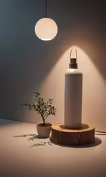 a white lamp and a pot with a plant next to it