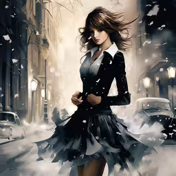 digital painting of a woman on a snowy city street,a woman walking on a snowy street