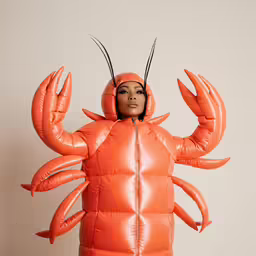 a woman in an orange lobster costume