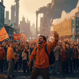the man is holding up a sign in front of his crowd