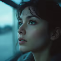 closeup of woman looking off to the side on train