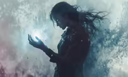 a woman looking at a phone in the snow