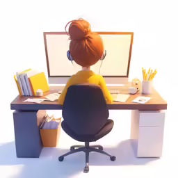 the computer and book is on a desk with a chair