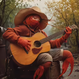 a scarecrow sitting in the back of a pick up truck playing a guitar