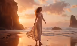 a woman standing on top of a beach next to the ocean