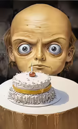 a cartoon head sitting next to a cake on a wooden stand