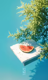 a watermelon slice on a table against a blue sky