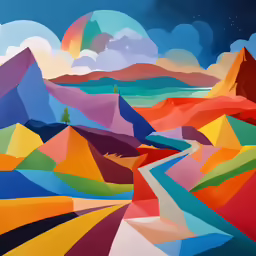 an abstract painting that uses colorful colors and sky