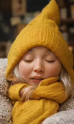a girl in yellow hat with a furry tail laying on a beige and cream sweater