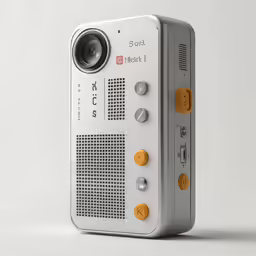 an old school radio with buttons and a camera