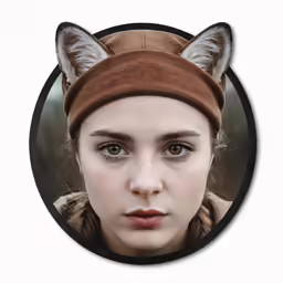 a girl in a brown dress wearing a cat ear bonnet