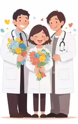 two men and a women holding flowers