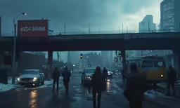 people walk in the snow under a street light