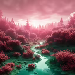 a digital painting of a river surrounded by red trees