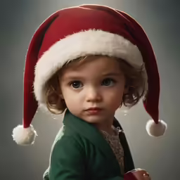a little girl in a green jacket and a red santa hat on