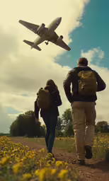 two people walking along a dirt path while an airplane flies overhead