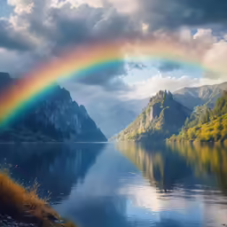 a rainbow in the middle of a blue sky near a body of water