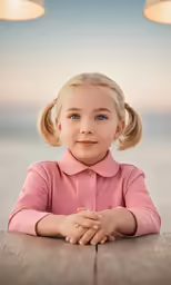 a girl is sitting at the table looking to her left
