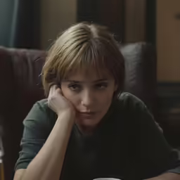 a young lady with glasses is sitting at a table looking into the distance