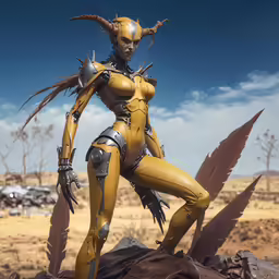 a yellow robot girl in an arid desert area