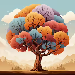 an artistic tree with many colors in the woods