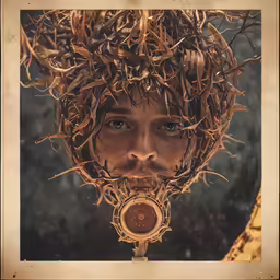 a man with long hair on his head has clock on his forehead