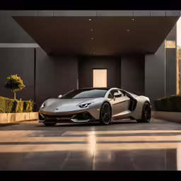 the white and gray sports car sits outside