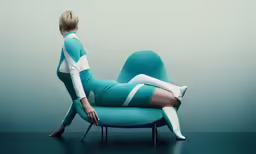a woman in tight blue pants sitting on a couch