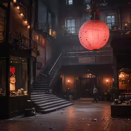 a man is walking through the dark city with an illuminated ball hanging above