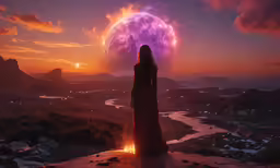 a woman is staring up at a purple moon