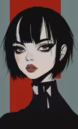 a painting of a woman with dark hair and blue eyes