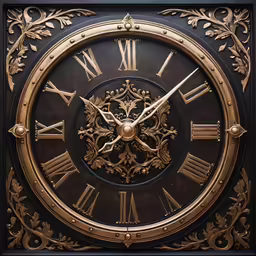 a gold and black ornate clock with large hands