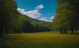 the view of the mountains from the forest near the grassy field