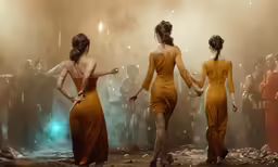 three women walk through a room filled with people