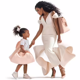 two young girls in white outfits with handbags