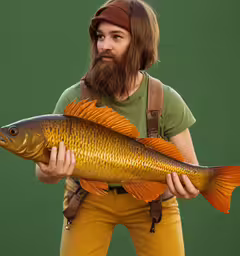 a man in a wig holds a goldfish,a man is standing and holding a fish