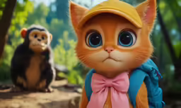 a cat with a hat and a monkey in the background