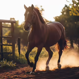 a horse is trotting across the dirt near the fence