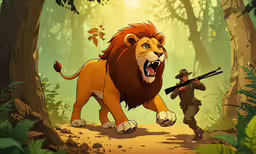 a man with a rifle running across a jungle,an image of lion attacking a soldier