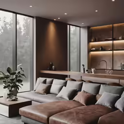 a large couch sitting next to a wooden counter