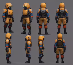 different views of an orange and blue outfit, in several poses,some kind of helmeted character that i did not know what they are