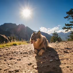 a dog sits on a dirt ground in the mountains