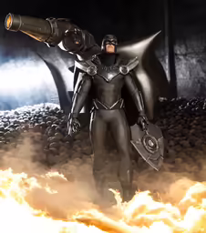 a man in black costume with a gun on fire