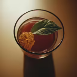 an orange leaf sits on top of a glass cup