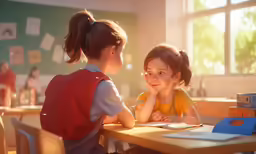 the two young children are sitting at the table