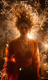 a woman wearing an orange blouse standing in a room surrounded by sparkles