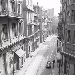 a black and white photo of an old city street